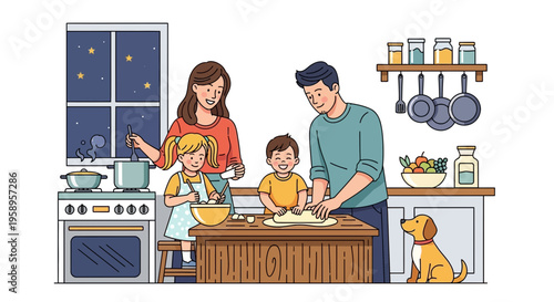 Family Cooking Together at Night: Parents and Kids Bake, Dog Watches