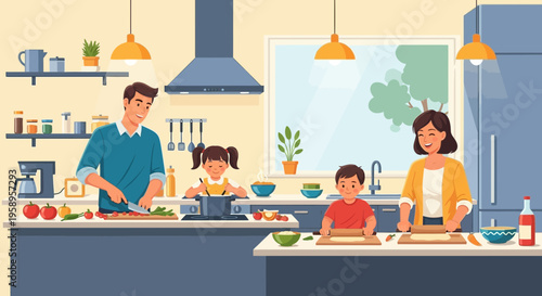 Family cooking together in a modern kitchen, healthy food preparation, happy lifestyle