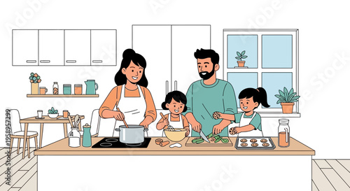 Family Cooking Together In Kitchen: Parents and Kids Prepare Meal, Healthy Lifestyle