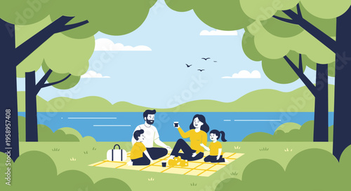 Family picnic by the lake, enjoying nature and taking selfies