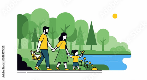 Family Picnic in Nature: Parents and Child Walking by River with Trees and Sun