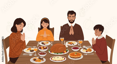 Family Praying Before Thanksgiving Dinner, Expressing Gratitude Around a Festive Table