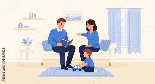 Family reading a book and playing with a toy car on the floor in a cozy living room.
