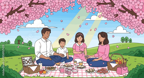 Family picnic under cherry blossoms, enjoying springtime outdoors with food and flowers falling.