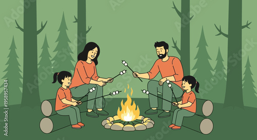 Family Roasting Marshmallows Around Campfire in Forest