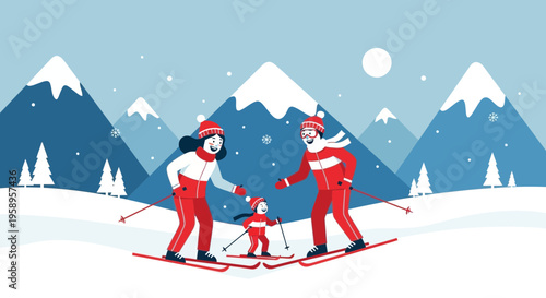 Family skiing in winter mountains, happy parents and child enjoying snow sports