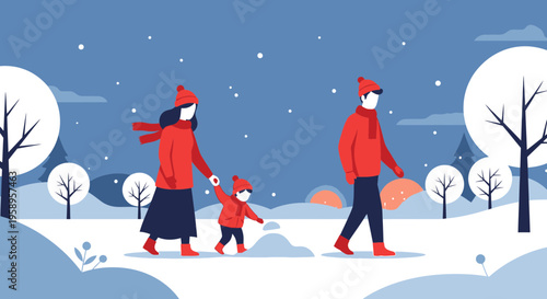 Family Walking in Snowy Winter Landscape with Snowflakes Falling