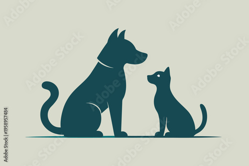 Sitting dog and cat looking at each other on muted background