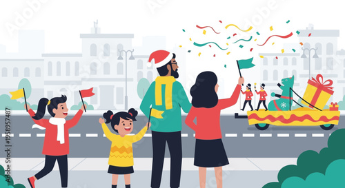 Family watching a festive parade with floats and confetti, celebrating holidays
