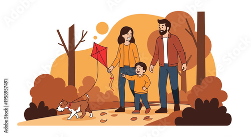 Family with Dog Flying Kite in Autumn Park