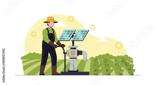 Farmer using solar-powered water pump for irrigation in a field
