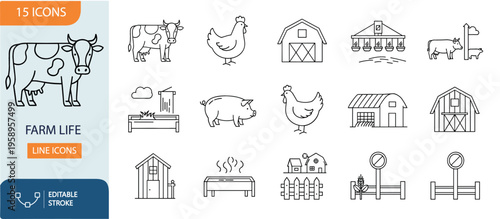 Farm Life Line Icons Set Agriculture Barn Animals Rural Outline Collection