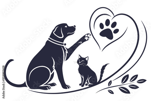 Silhouette of sitting dog raising paw towards heart with cat sitting nearby