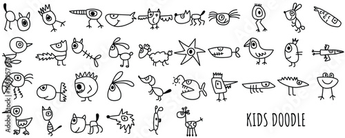 Hand drawn kids doodle vector set. Black and white collection of children, toys, school items, animals, food, nature elements for nursery or education design. Cute and simple line art icons.