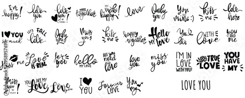 Hand drawn love typography and lettering vector set. Black and white romantic doodle text with hearts, retro groovy styles, and script fonts for Valentine's Day design.