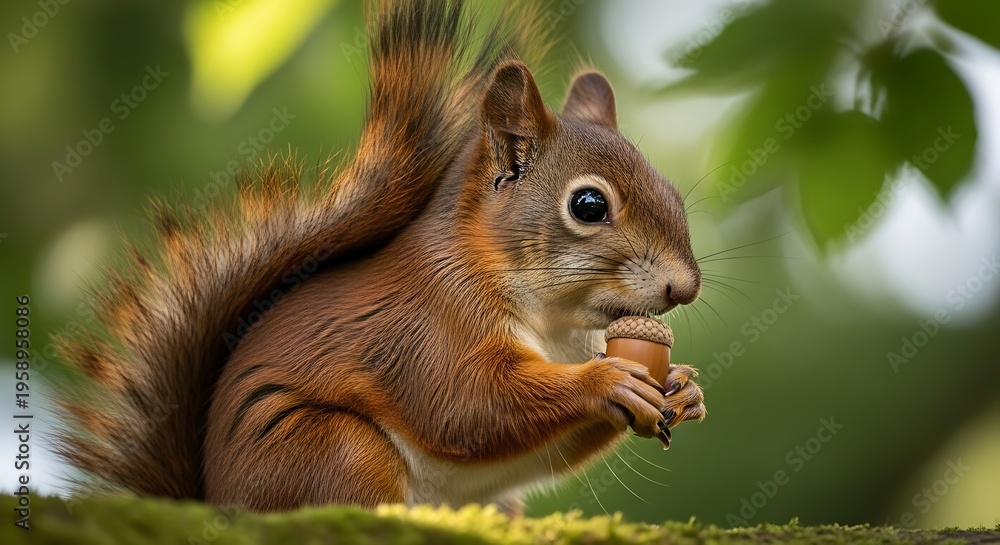 Obraz premium Red Squirrel Enjoying a Nut in a Lush Green Forest.