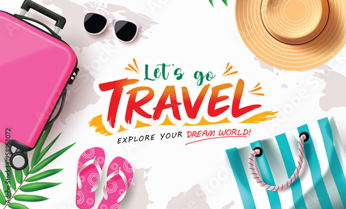 Let's Go Travel Banner With Suitcase Summer Hat And World Map Background Vector Illustration