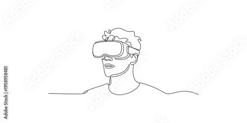 Man wearing virtual reality goggles in a single line drawing style portrait headset person art