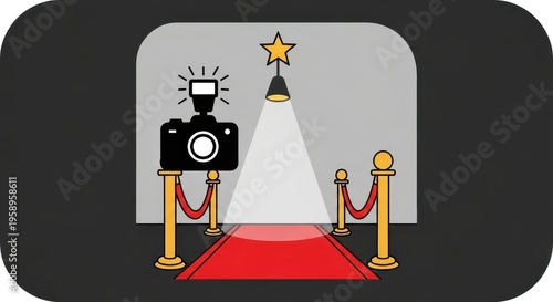 Red carpet event with camera and star spotlight illustration.