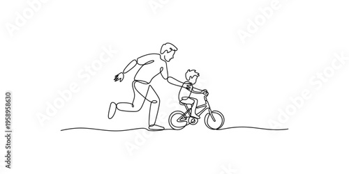 Man helping a child to ride a bicycle in a simple continuous line drawing style