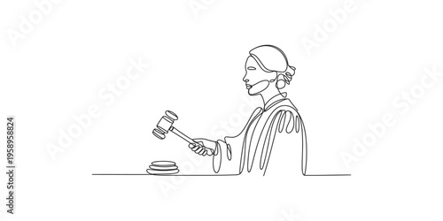 Continuous line drawing of a judge banging a gavel in a courtroom setting law justice