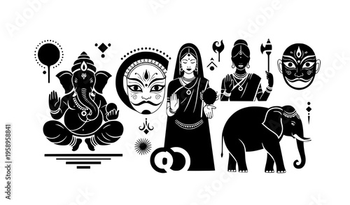 Bold Indian cultural silhouettes with Ganesha woman elephant and mask modern ornamental vector design