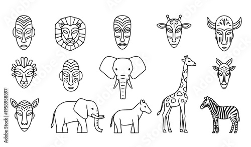 Minimal African masks and animal icons set clean tribal vector illustration for UI and design elements