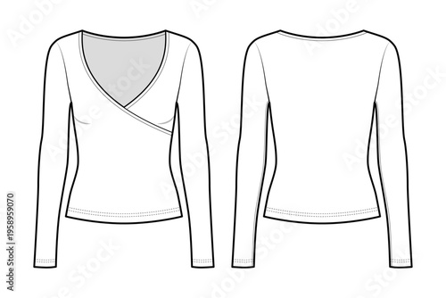 Women's Long Sleeve Surplice Crossover V-Neck Top-Front and Back View- Fashion Flat- Vector Illustration- CAD Mock-up