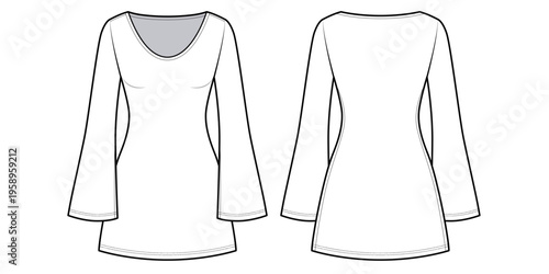 Women's Scoop Neck Bell Sleeve A-Line Mini Dress-Front and Back View- Fashion Flat- Vector Illustration- CAD Mock-up