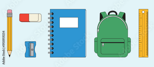 Back to School Stationery Set with Green Backpack Blue Notebook and Pencil Vector Illustration