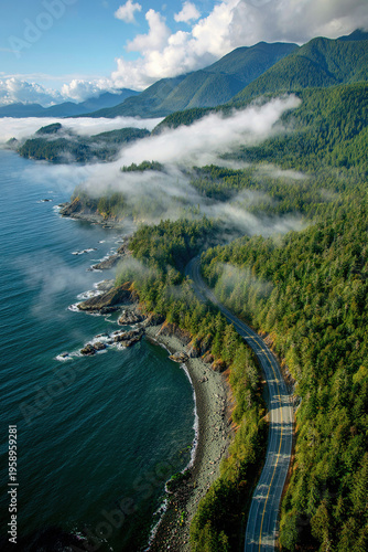 Scenic Coastal Highway with Forest and Mist