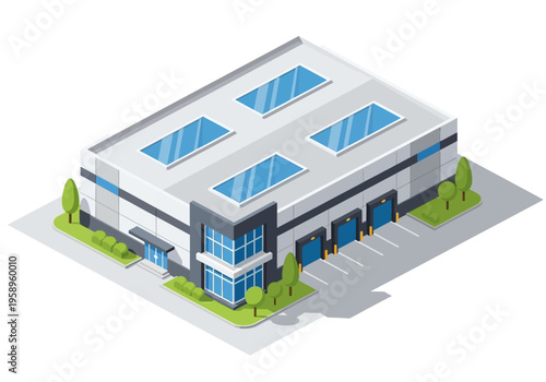 Isometric illustration of a modern warehouse building with loading docks and skylights, business logistics concept