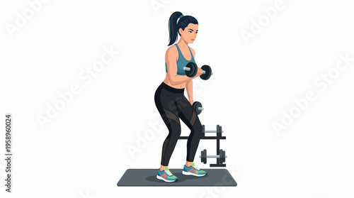 Fit woman performing bicep curls with dumbbells, showcasing a healthy lifestyle and strength training