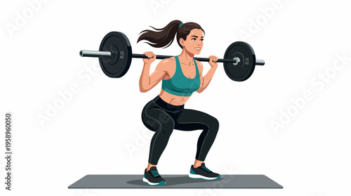 Fit woman performing barbell squat exercise with perfect form in a gym, demonstrating strength and athleticism during a workout session on a mat
