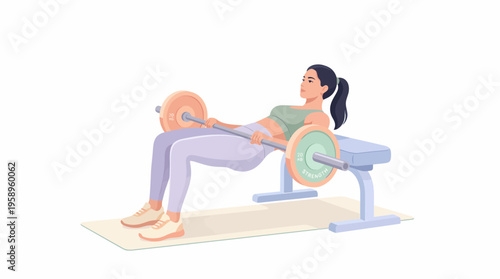 Woman Performing Barbell Hip Thrust Exercise on Bench with Mat for Strength Training