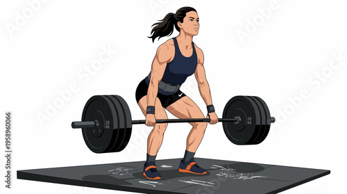 Strong Woman Performing a Deadlift Exercise with a Barbell on a Weightlifting Platform