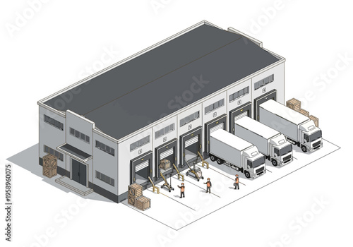 Isometric view of a logistics warehouse with trucks and forklifts, depicting efficient cargo handling and distribution operations