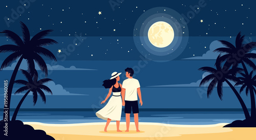 Couple on beach at night under full moon and starry sky, romantic tropical vacation