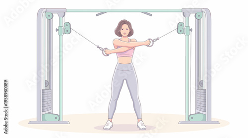 Energetic young woman performing cable crossover exercises in a modern fitness center, building muscle strength and promoting a healthy, active lifestyle