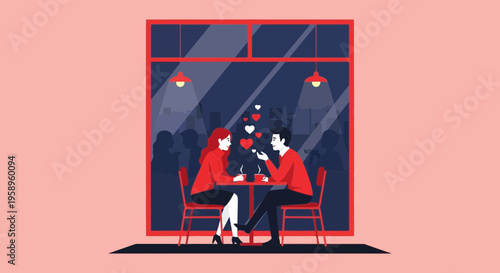 Couple on a date in a cafe, hearts floating, romantic atmosphere, love and connection