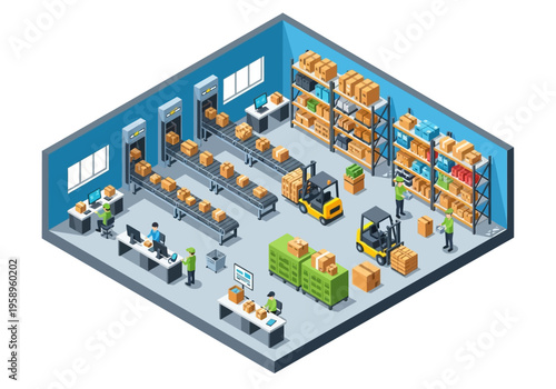 Isometric view of a busy logistics and distribution warehouse with forklifts and workers processing packages