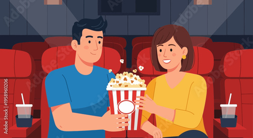Couple sharing popcorn in movie theater seats, enjoying a date night