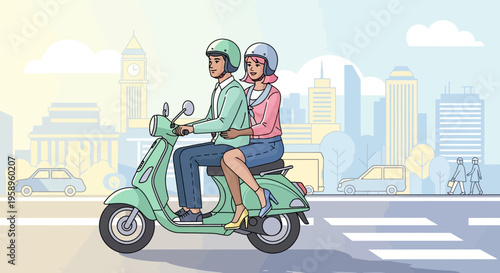 Couple riding a scooter in a city, with iconic landmarks in the background