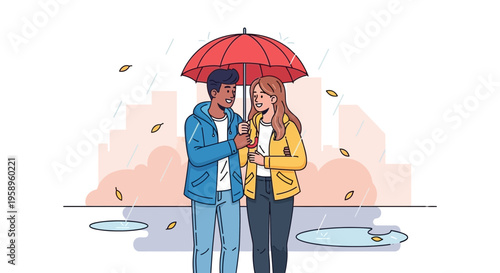 Couple sharing umbrella in rain, autumn city scene, romantic moment