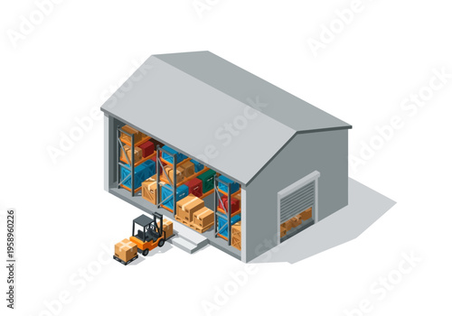 Warehouse Interior with Forklift and Pallets of Goods