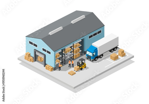 Isometric warehouse with forklift, delivery truck and workers, logistics and distribution center concept