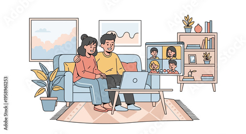 Couple Video Calling Family on Laptop at Home, Cozy Living Room