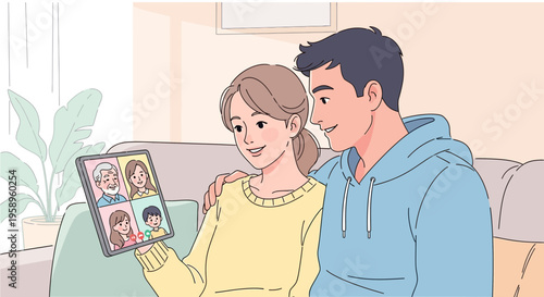 Couple Video Calling Family on Tablet, Connecting with Loved Ones Remotely