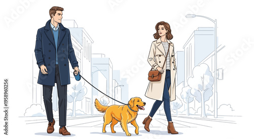 Couple walking dog in city street, urban lifestyle, autumn fashion