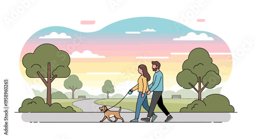 Couple walking dog in park during sunset, illustration